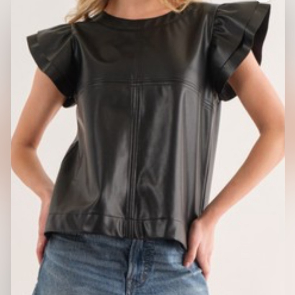 Cute! Faux Leather Top w/Short Ruffled Sleeves - Picture 2 of 6